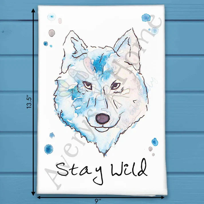 Stay Wild Wolf flour sack dish towel, art by Avery Jackson