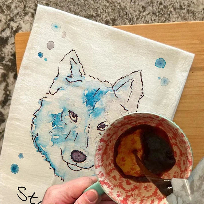 Stay Wild Wolf dish towel, 27x27 flour sack cotton