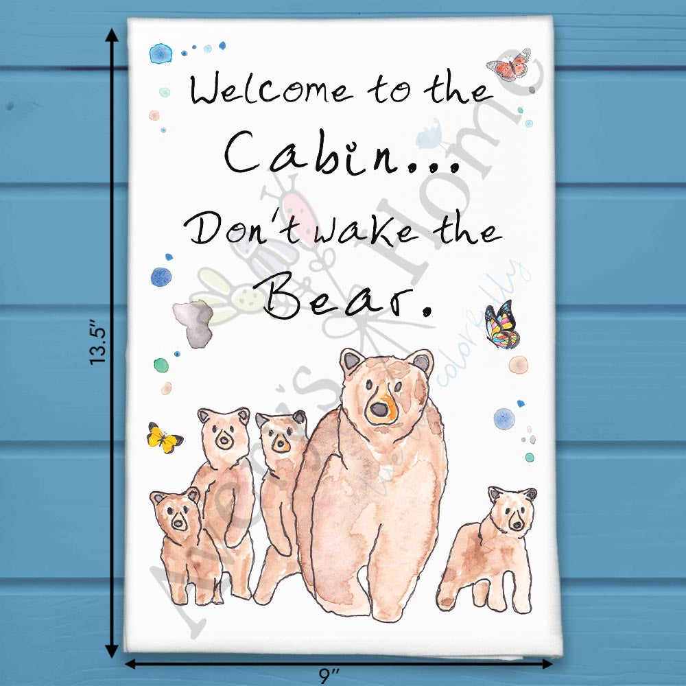 Welcome to the Cabin flour sack dish towel, art by Avery Jackson
