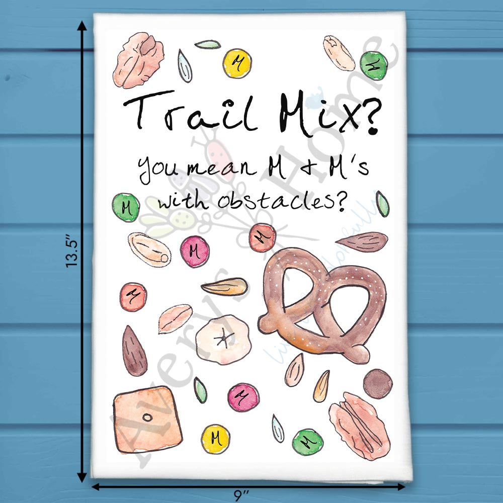 Trail Mix Ingredients flour sack dish towel, art by Avery Jackson