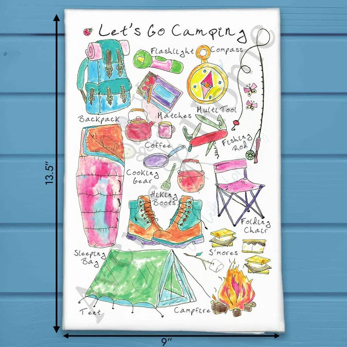 Let's Go Camping flour sack dish towel, art by Avery Jackson