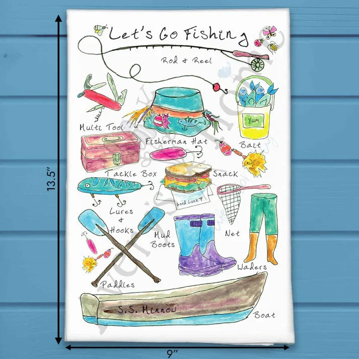 Let's Go Fishing flour sack dish towel, art by Avery Jackson