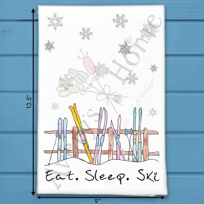 Eat Sleep Ski flour sack dish towel, art by Avery Jackson