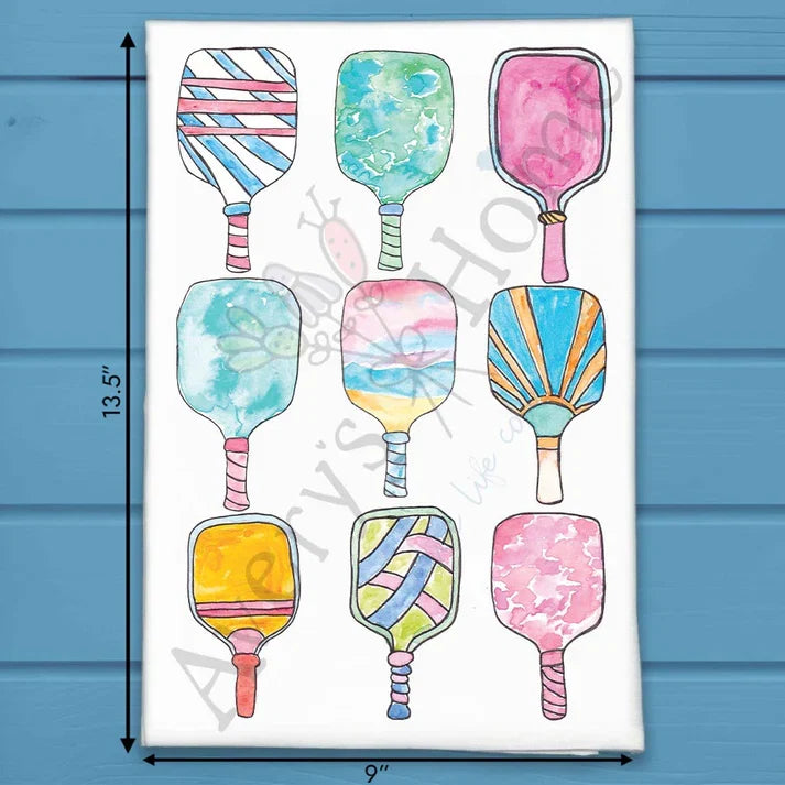 Colorful Pickleball Paddles flour sack dish towel, art by Avery Jackson
