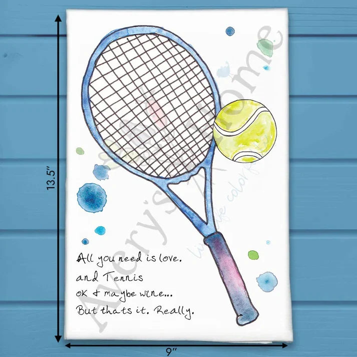 Tennis and Wine flour sack dish towel, art by Avery Jackson