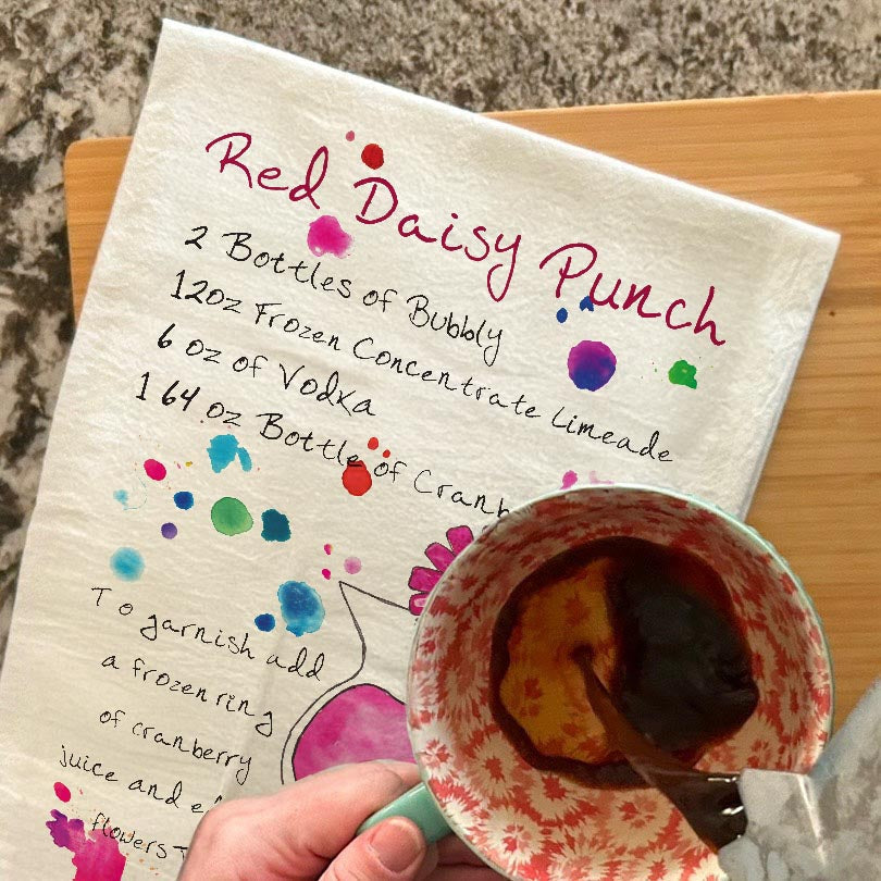 Red Daisy Punch Recipe dish towel, 27x27 flour sack cotton
