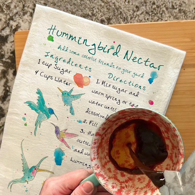 Hummingbird Nectar Recipe dish towel, 27x27 flour sack cotton