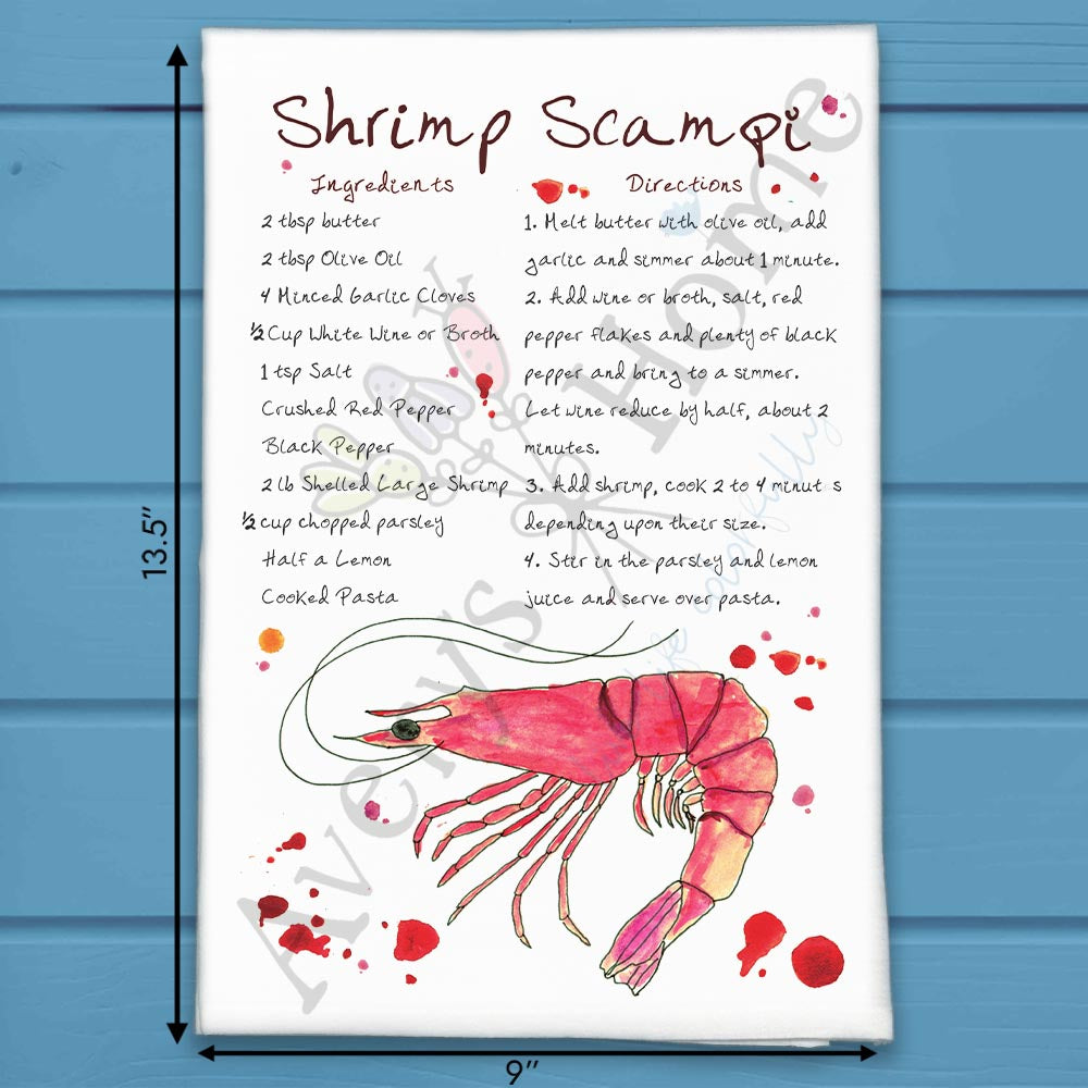Shrimp Scampi Recipe flour sack dish towel, art by Avery Jackson