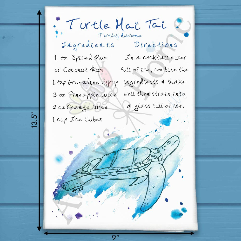 Turtle Mai Tai Recipe flour sack dish towel, art by Avery Jackson