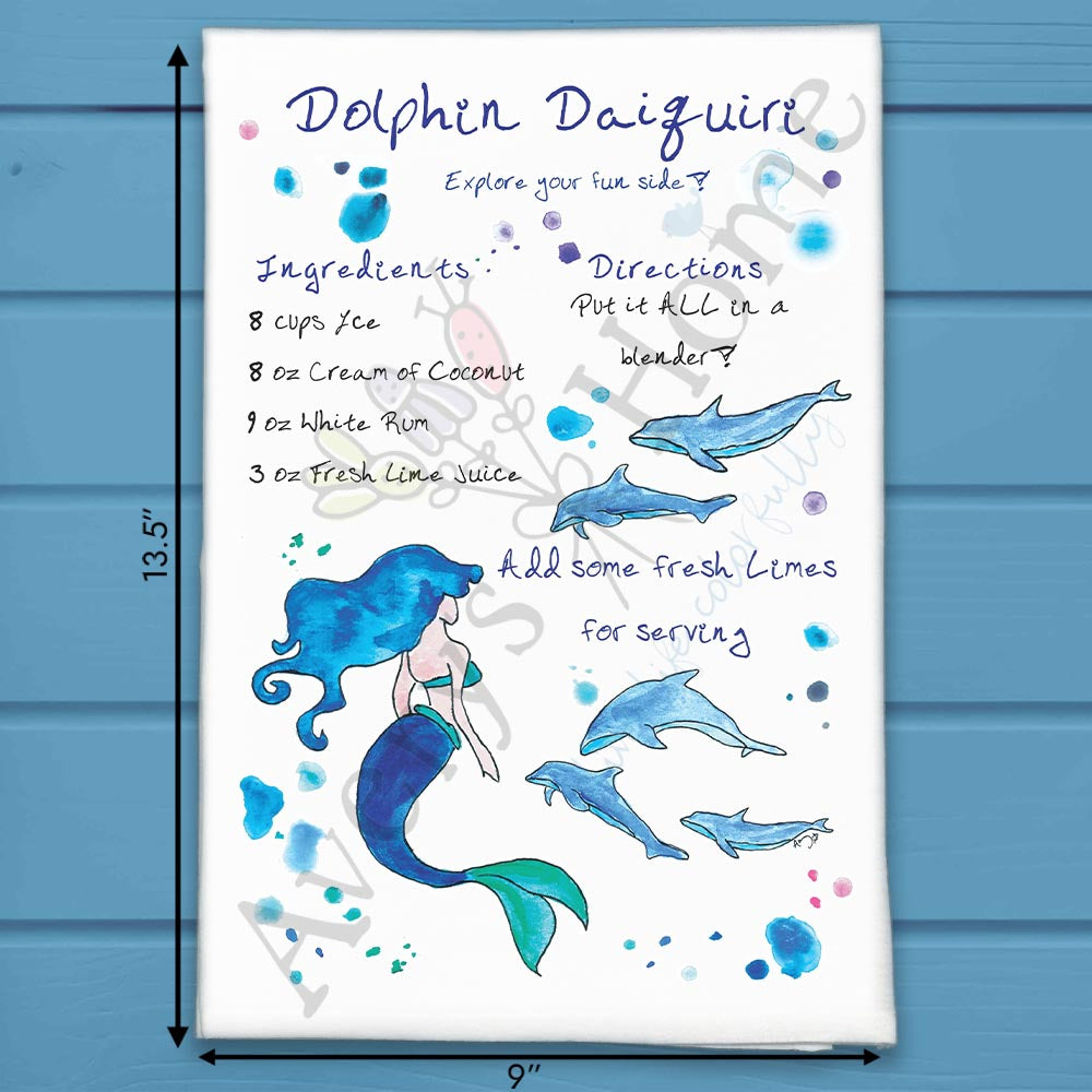 Dolphin Daiquiri Recipe flour sack dish towel, art by Avery Jackson