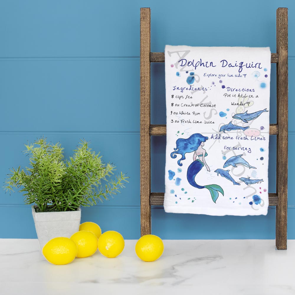 Dolphin Daiquiri Recipe dish towel folded, hemmed on all four sides