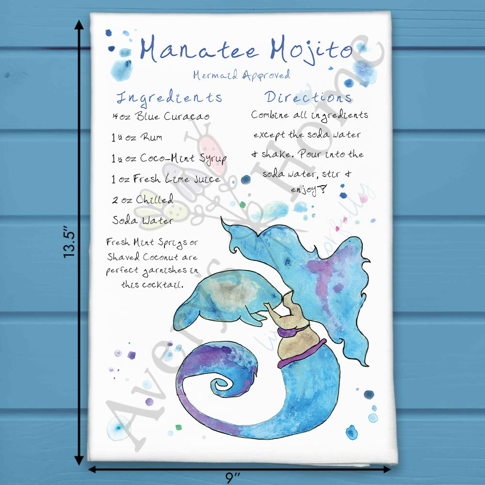 Manatee Mojito Recipe flour sack dish towel, art by Avery Jackson