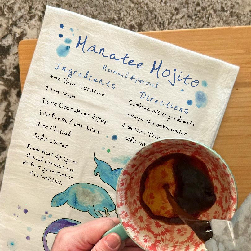 Manatee Mojito Recipe dish towel, 27x27 flour sack cotton