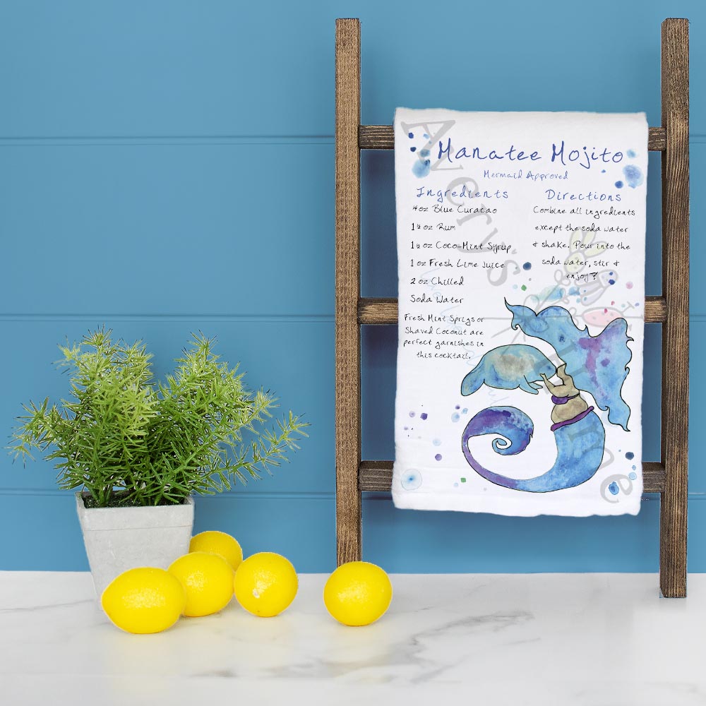 Manatee Mojito Recipe dish towel folded, hemmed on all four sides