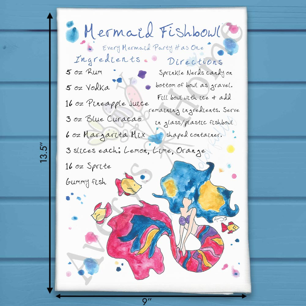 Mermaid Fishbowl Recipe flour sack dish towel, art by Avery Jackson
