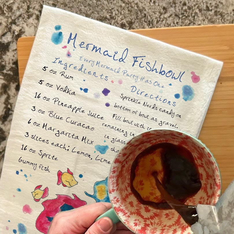 Mermaid Fishbowl Recipe dish towel, 27x27 flour sack cotton