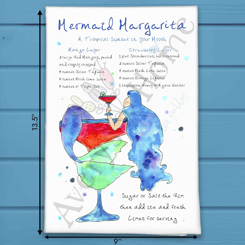 Mermaid Margarita Recipe flour sack dish towel, art by Avery Jackson