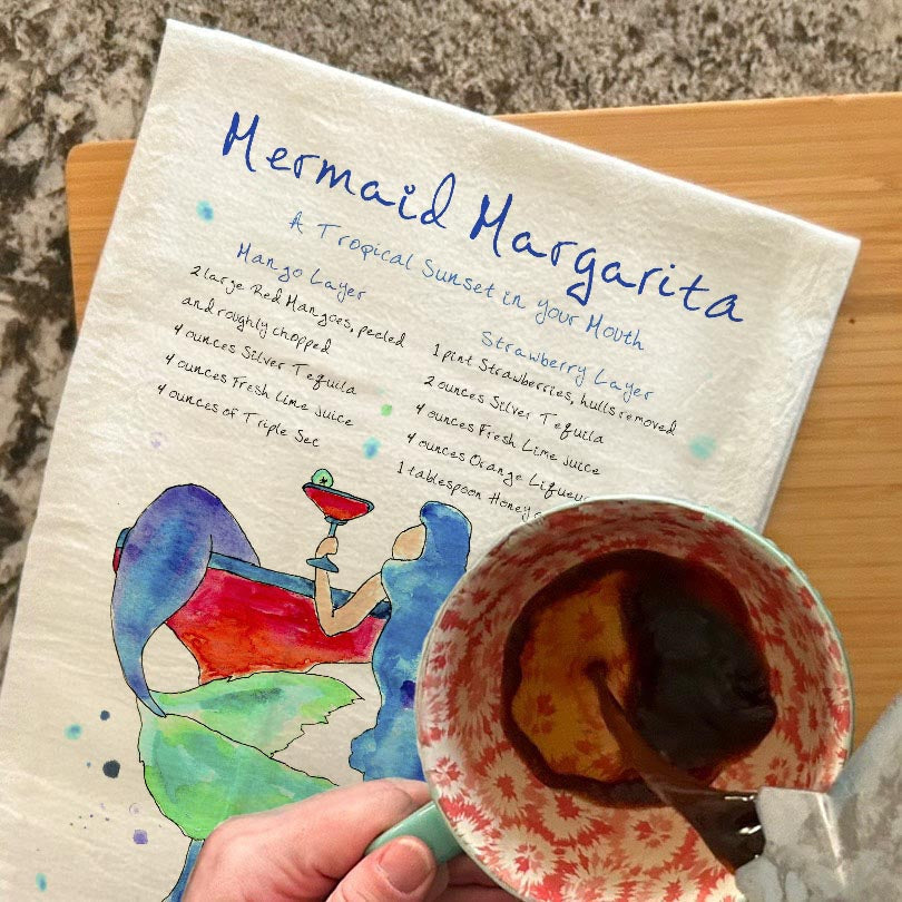 Mermaid Margarita Recipe dish towel, 27x27 flour sack cotton