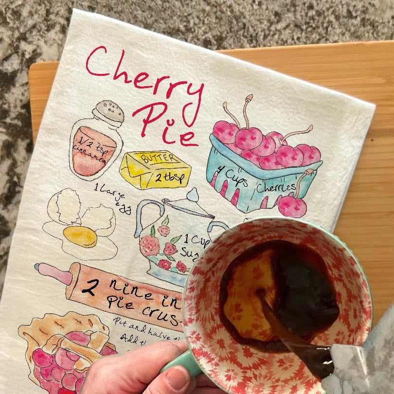 Cherry Pie Recipe dish towel, 27x27 flour sack cotton