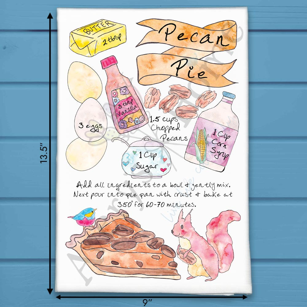 Pecan Pie Recipe flour sack dish towel, art by Avery Jackson