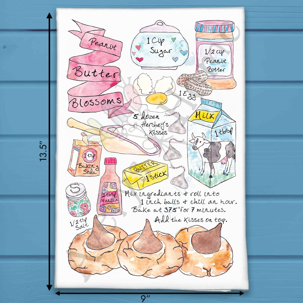 Peanut Butter Blossom Recipe flour sack dish towel, art by Avery Jackson