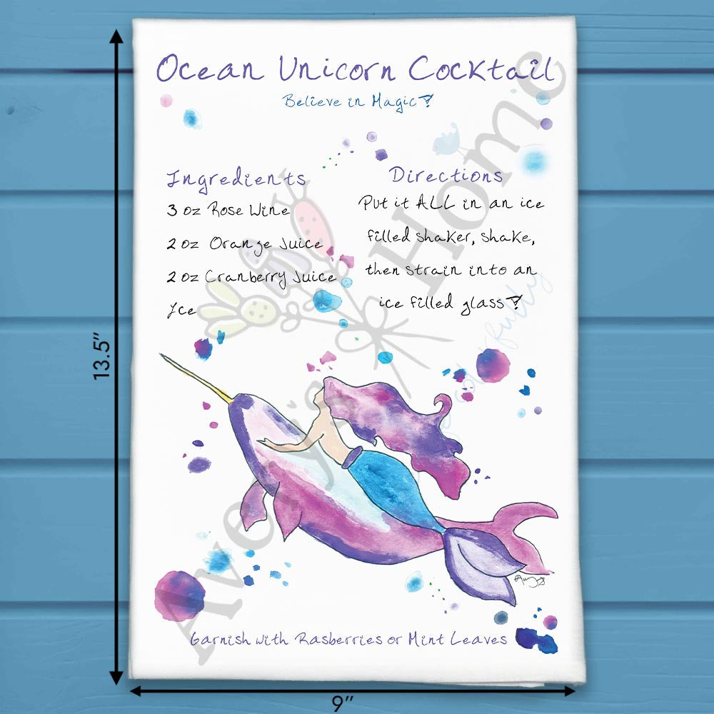 Ocean Unicorn Recipe flour sack dish towel, art by Avery Jackson