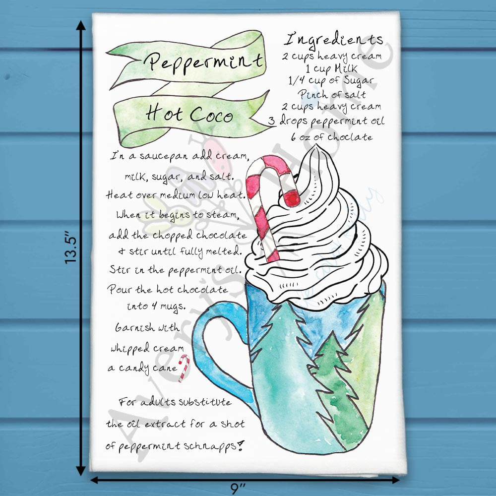 Peppermint Hot Chocolate Recipe flour sack dish towel, art by Avery Jackson
