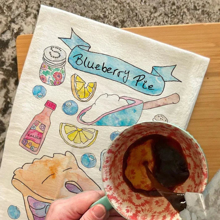 Blueberry Pie dish towel, 27x27 flour sack cotton