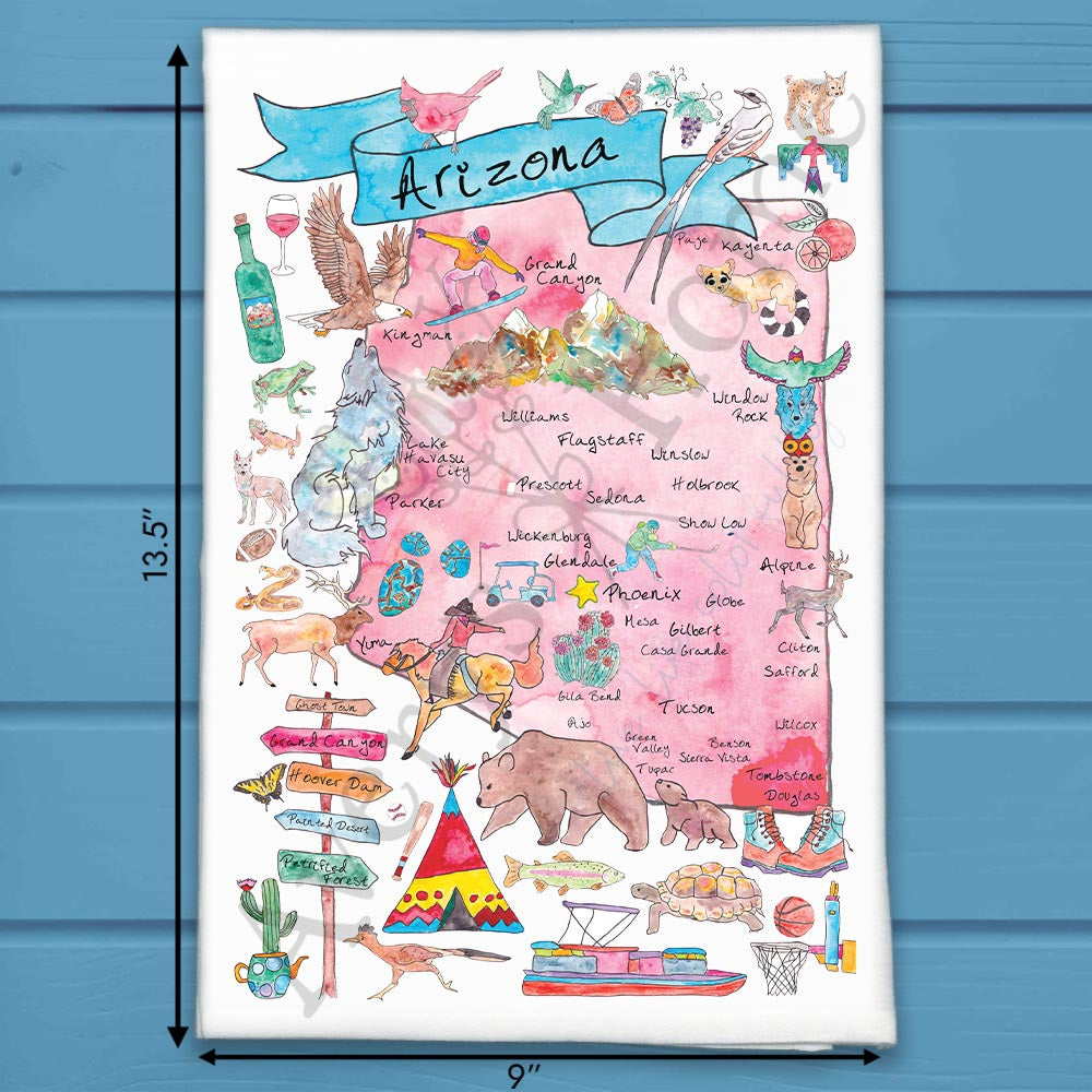 Arizona State Map flour sack dish towel, art by Avery Jackson