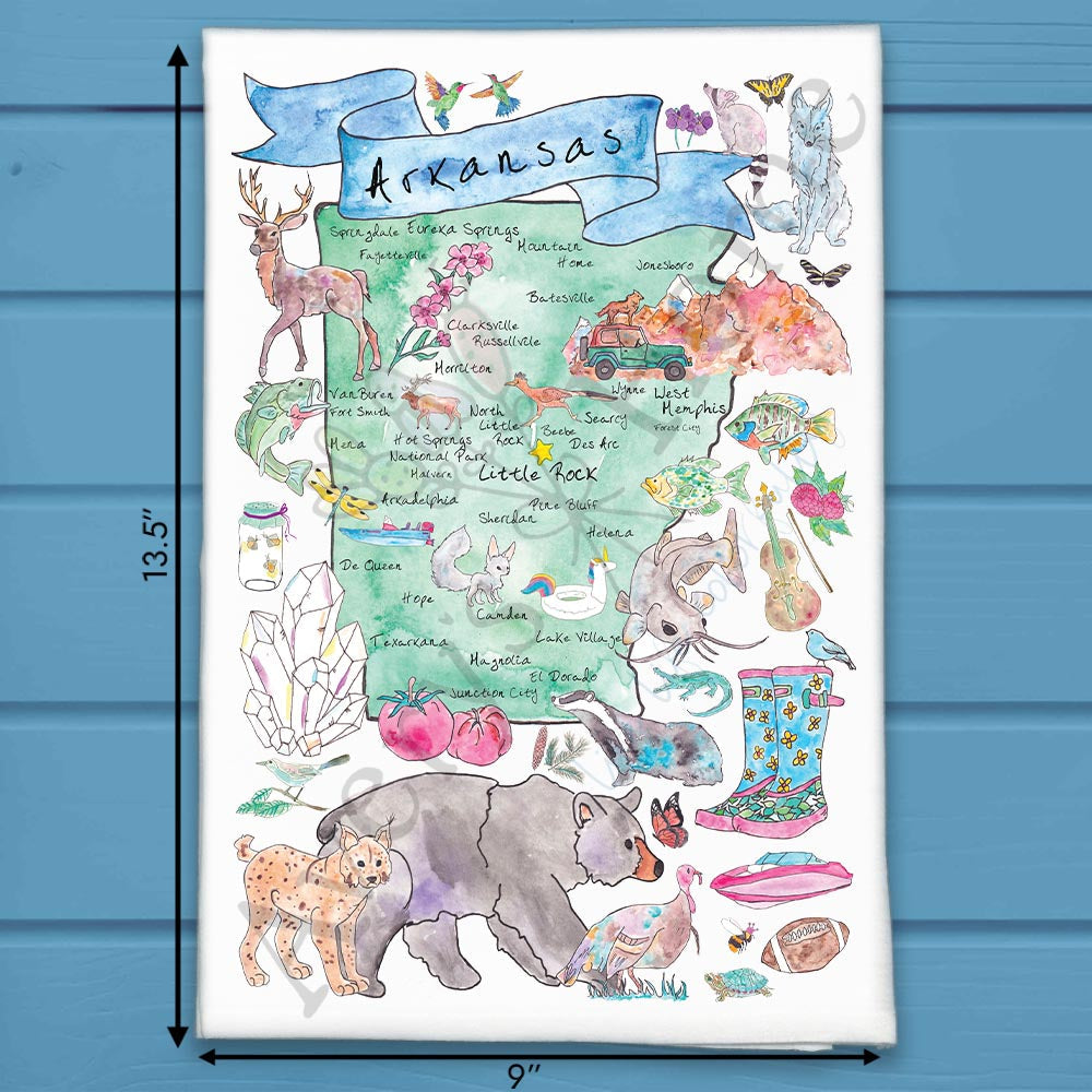 Arkansas State Map flour sack dish towel, art by Avery Jackson