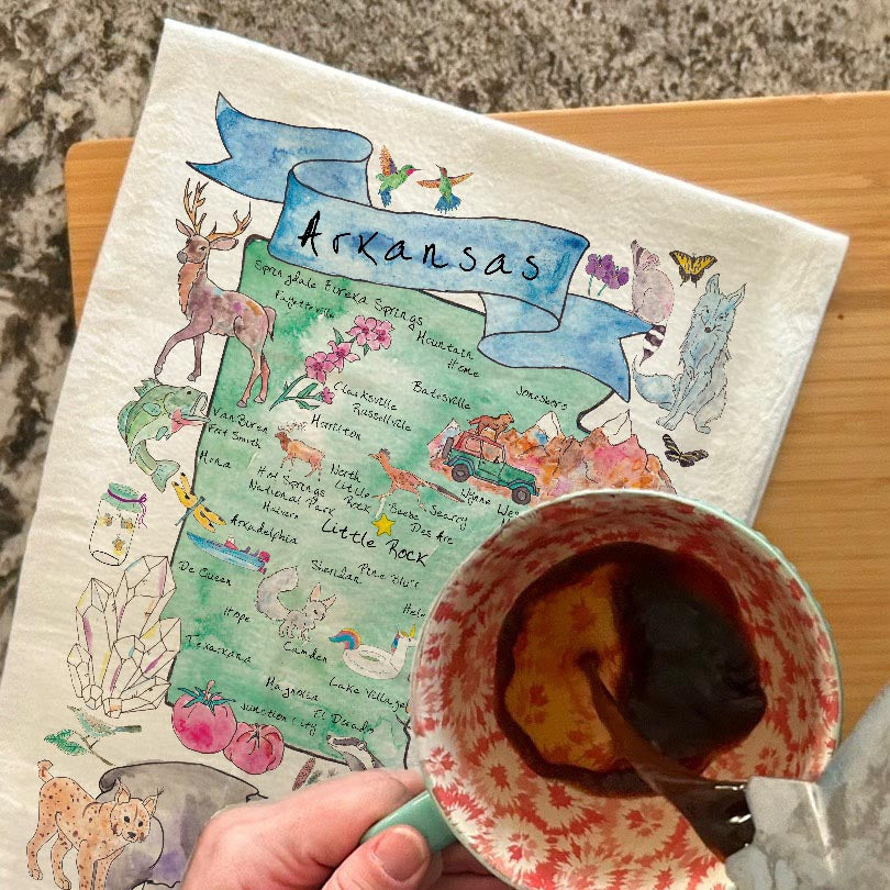 Arkansas State Map dish towel, 27x27 flour sack cotton