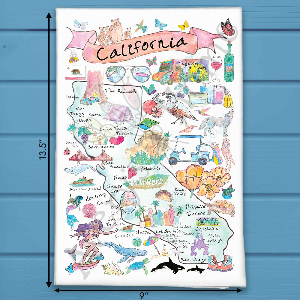 California State Map flour sack dish towel, art by Avery Jackson