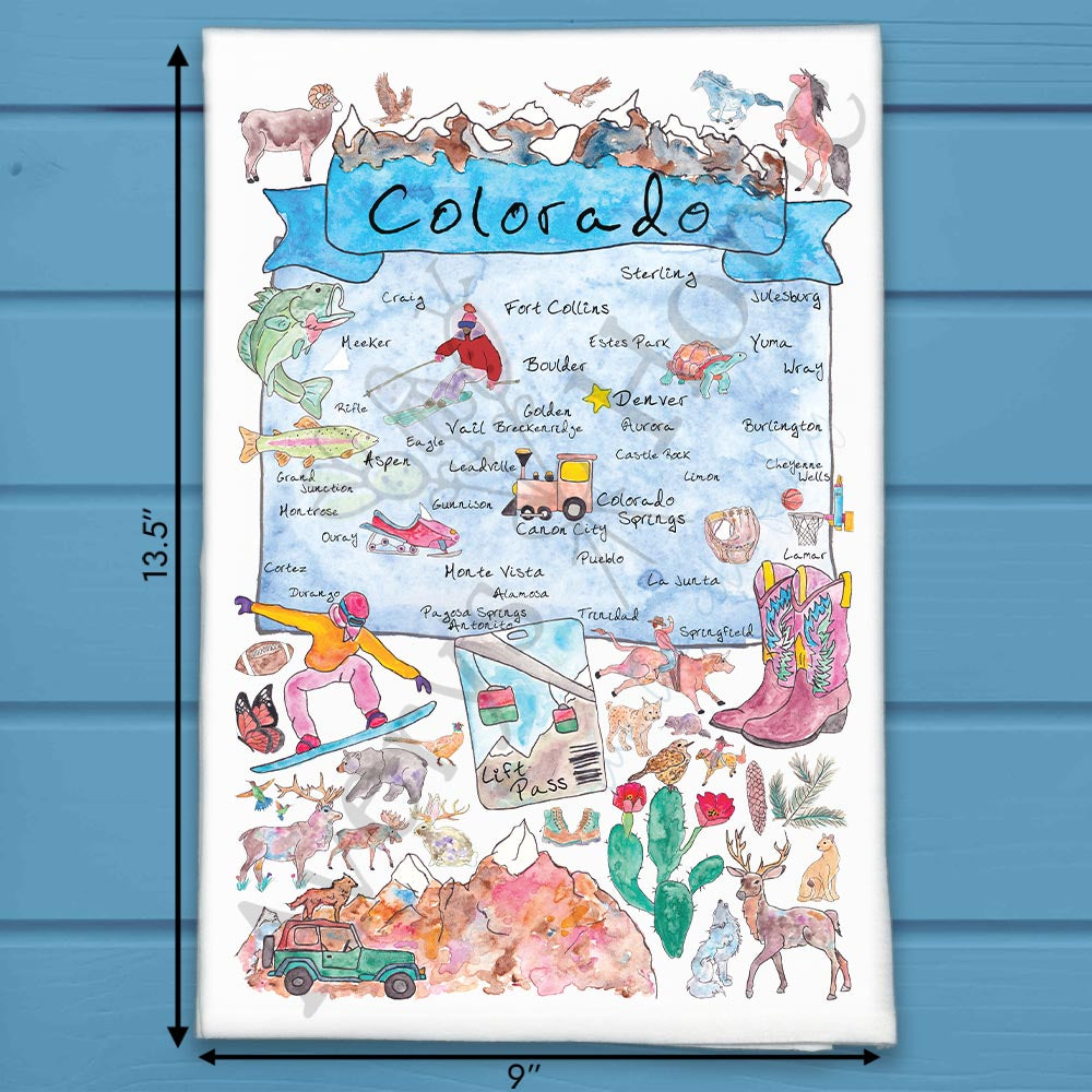 Colorado State Map flour sack dish towel, art by Avery Jackson