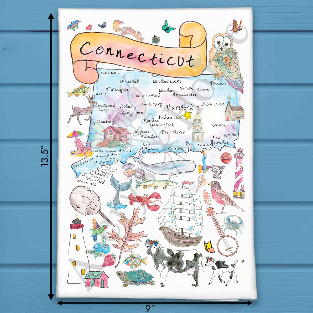 Connecticut State Map flour sack dish towel, art by Avery Jackson