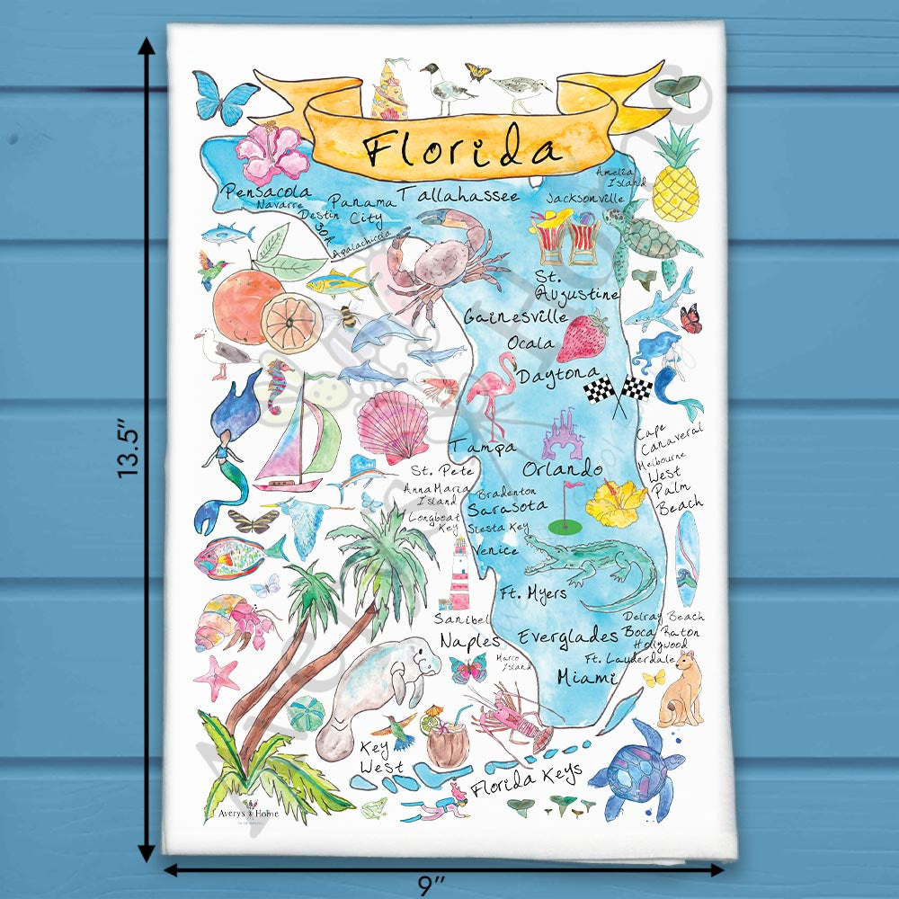Florida State Map flour sack dish towel, art by Avery Jackson