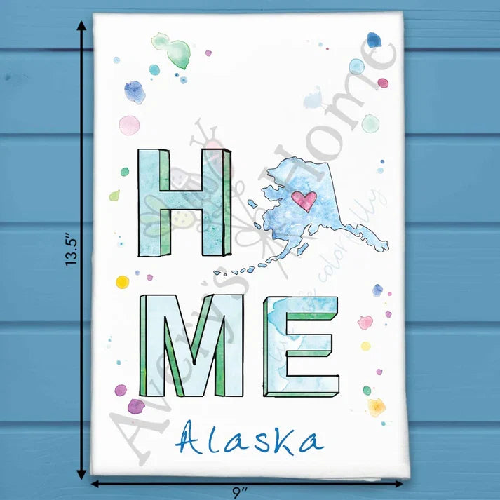 HOME in Alaska flour sack dish towel, art by Avery Jackson