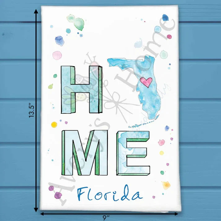 HOME in Florida flour sack dish towel, art by Avery Jackson