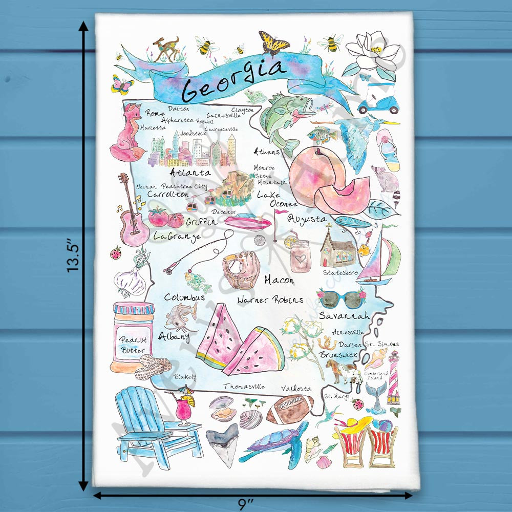 Georgia State Map flour sack dish towel, art by Avery Jackson
