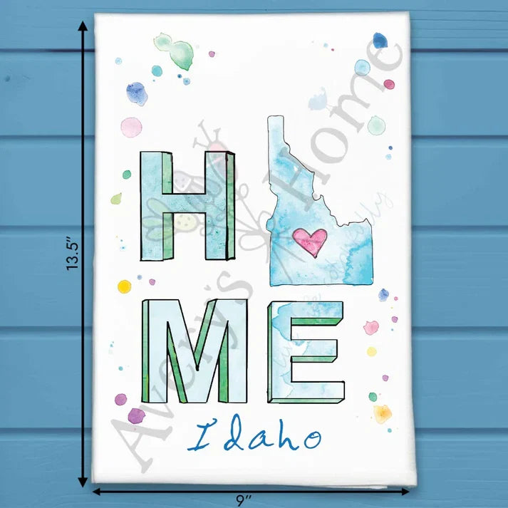 HOME in Idaho flour sack dish towel, art by Avery Jackson