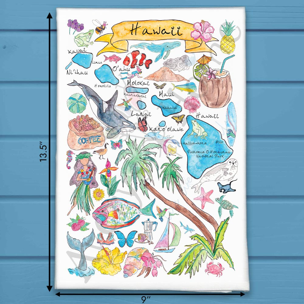 Hawaii State Map flour sack dish towel, art by Avery Jackson
