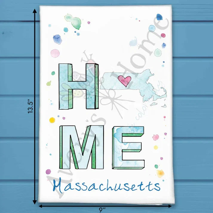 HOME in Massachusetts flour sack dish towel, art by Avery Jackson