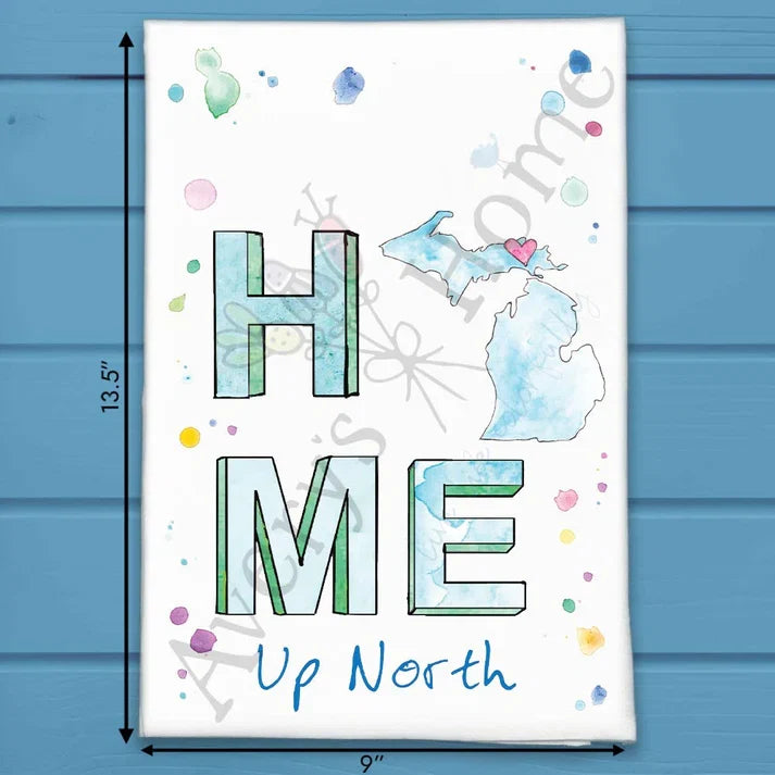 HOME in Upper Michigan flour sack dish towel, art by Avery Jackson