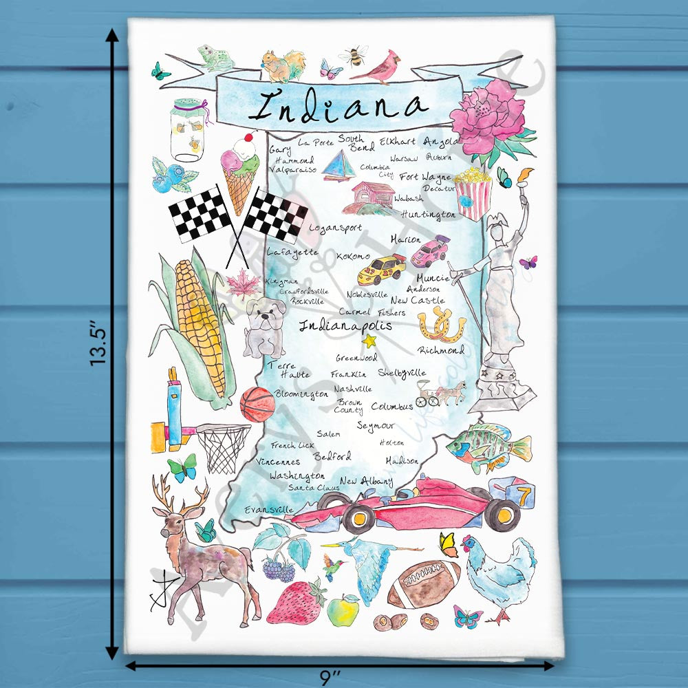 Indiana State Map flour sack dish towel, art by Avery Jackson