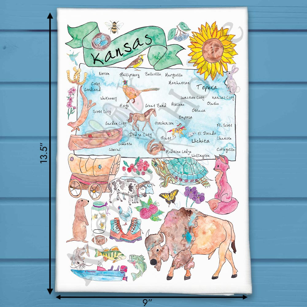 Kansas State Map flour sack dish towel, art by Avery Jackson