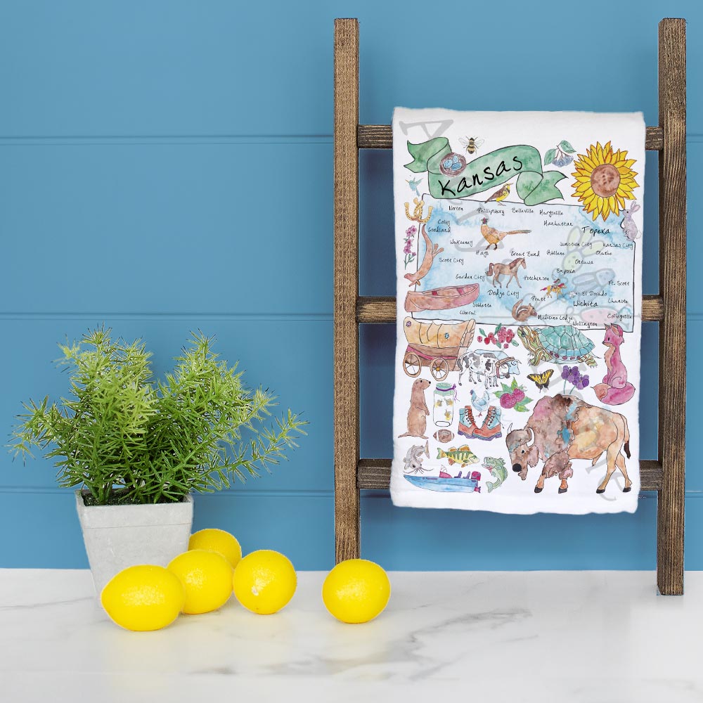 Kansas State Map dish towel folded, hemmed on all four sides