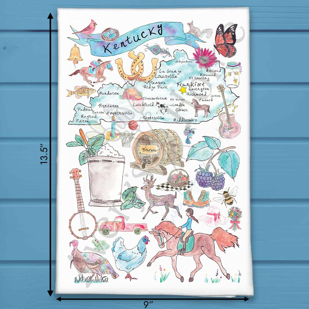 Kentucky State Map flour sack dish towel, art by Avery Jackson