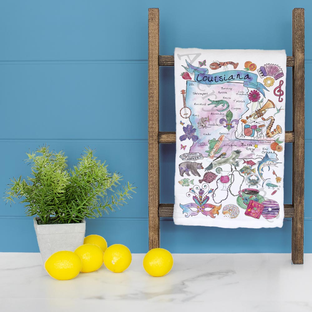 Louisiana State Map dish towel folded, hemmed on all four sides