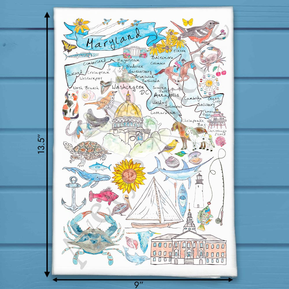Maryland State Map flour sack dish towel, art by Avery Jackson
