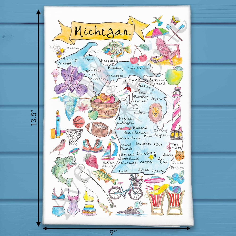 Michigan State Map flour sack dish towel, art by Avery Jackson