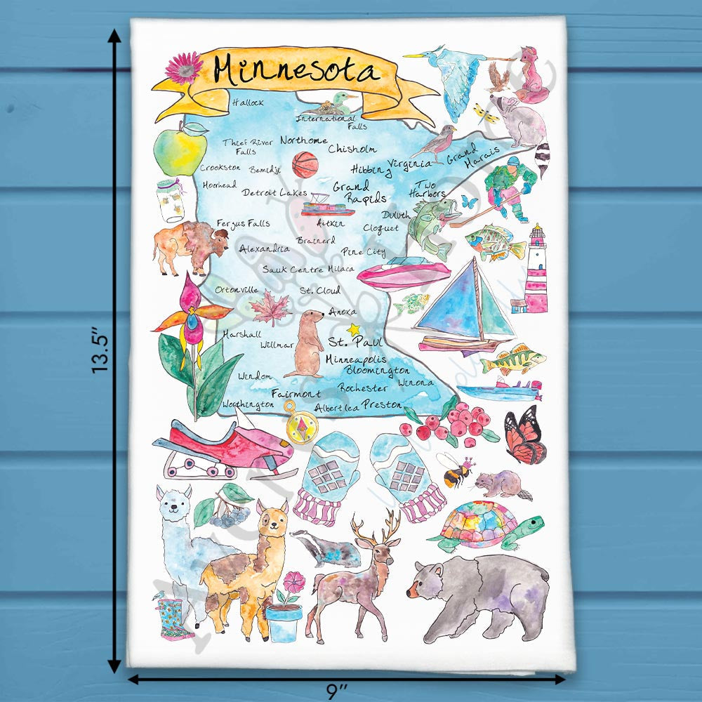 Minnesota State Map flour sack dish towel, art by Avery Jackson